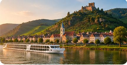 River cruise sailing past a historic European village